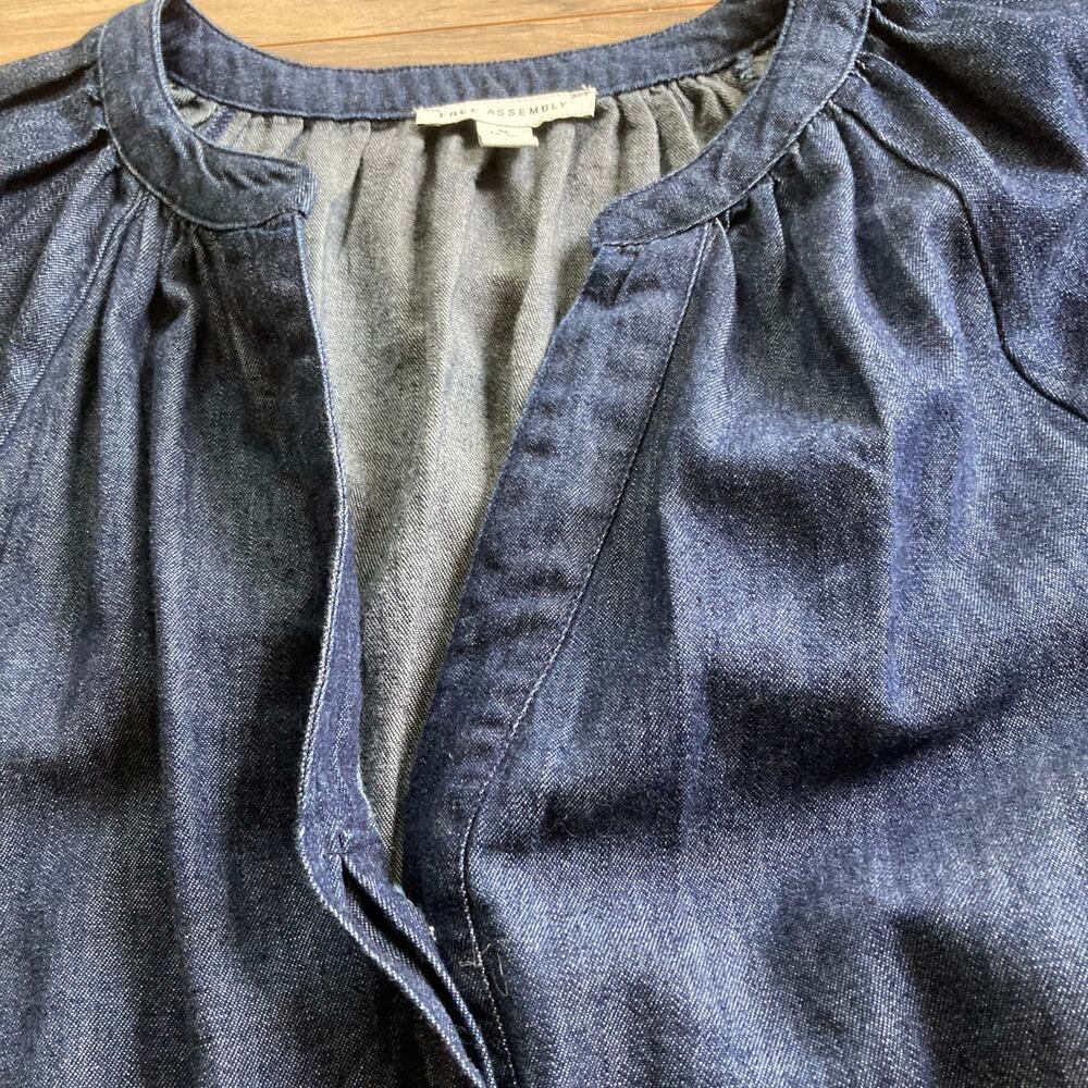 Free Assembly Denim Midi Dress M Blue VNeck Puff Sleeve Tie Belt Cottage Peasant - Picture 6 of 12